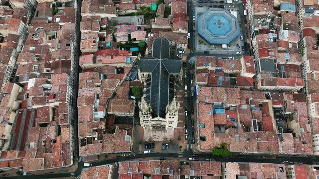 Aerial view of Saint-Louis des Chartrons cathedral in Bordeaux downtown, France.
