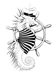 Seahorse-captain.  Sketch, coloring for children and adults. Stickers, print