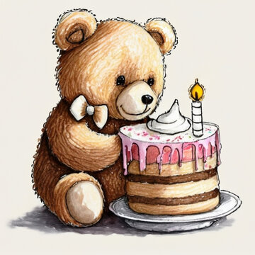 Teddy bear birthday party with cake pencil illustration 