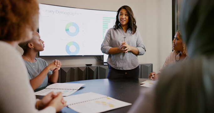 Business woman, meeting and presentation on screen for management, workshop or data analysis. Female manager coaching office team in conference of strategy, analytics feedback or collaboration review