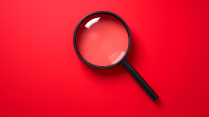Magnifier magnifying exclamation mark on red background. Alert and precaution concept. Caution and risk management security signal announcement hazard and dangerous notice symbol - obrazy, fototapety, plakaty