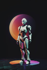 moderno ed elegante robot umanoide dalle sembianze vagamente femminili esposto su una piattaforma colorata e sfondo scuro - obrazy, fototapety, plakaty