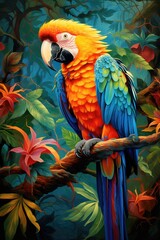 Obraz premium A vibrant parrot sitting on a branch, captured in a stunning painting