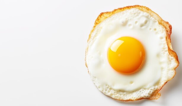 Close Up of Fried Egg on white background. Copy space. AI generative image.