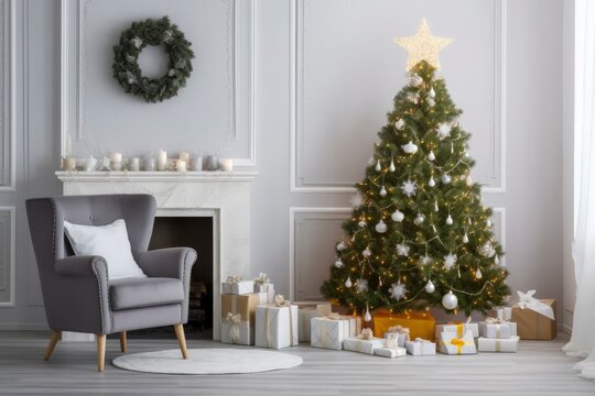 Modern Living Room With Fireplace, Christmas Tree, Gift Boxes And Armchair.