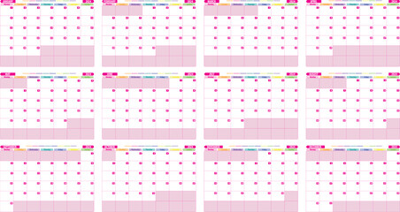 Calendario vectorizado de 12 hojas en inglés en fuxia, pink. Organizador de 12 meses  - obrazy, fototapety, plakaty