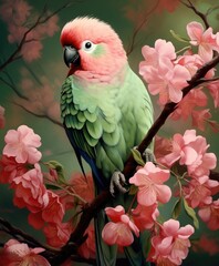 A colorful parrot perched on a branch with vibrant pink flowers
