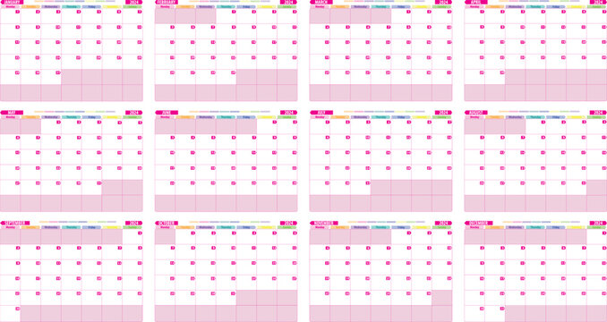 Calendario vectorizado de 12 hojas en inglés en fuxia, pink. Organizador de 12 meses 