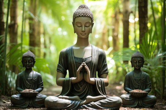 Three statues of buddhas sitting in the middle of a forest, AI
