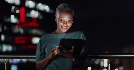 Tablet, night balcony or laughing woman reading funny social network feedback, customer experience...