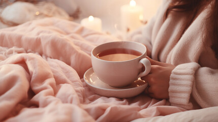 Woman lying in bed with warm blanket in pink colors, holding cup of tea. Natural cold remedies. Banner. - obrazy, fototapety, plakaty