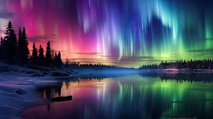 Fototapeta premium the aurora bore is reflected in the water of a lake. generative ai