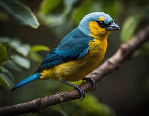 Obraz premium Blue and yellow tanager bird sitting on a branch