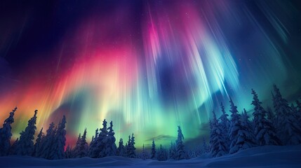  a colorful aurora bore is in the sky above a snowy forest.  generative ai - obrazy, fototapety, plakaty