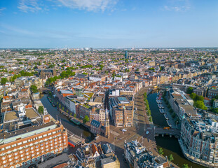 Obraz premium The drone aerial view of old town of Amsterdam, Netherlands.