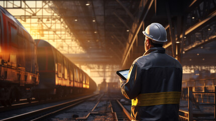 A railway engineer, in full safety attire and helmet, monitors the construction of an oil cargo train track at a railroad station using a tablet..