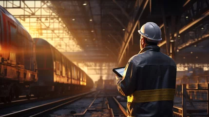 Papier Peint photo Chemin de fer A railway engineer, in full safety attire and helmet, monitors the construction of an oil cargo train track at a railroad station using a tablet..