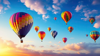 Obraz premium a group of hot air balloons flying in the sky at sunset. generative ai
