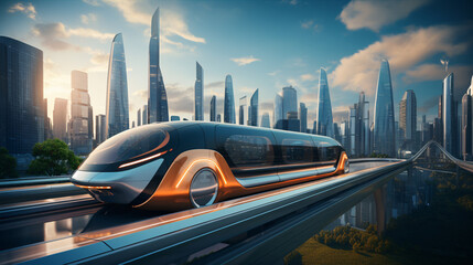 A modern electric vehicle floating on maglev tracks amid towering urban edifices is depicted in this visionary concept.