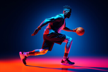 In action: A portrait of a dedicated African-American basketball player training under neon lights against a blue backdrop. - Powered by Adobe