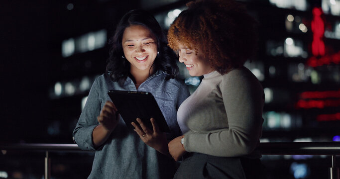 Tablet, night diversity or balcony people review social network feedback, customer experience or web ecommerce. Brand monitoring data, teamwork and media women collaboration on online survey analysis