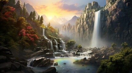  a painting of a waterfall in the mountains with a rainbow.  generative ai