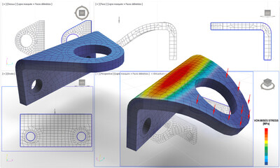 illustration 3D de modèles solides de cornière avec maillage et résultats d'analyse par éléments finis déformés après torsion, plan 2D CAO en arrière plan - obrazy, fototapety, plakaty