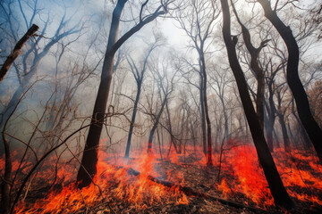 Forest fire. Fire spreads through the forest. Wildfire