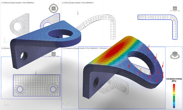 illustration 3D de mod&egrave;les solides de corni&egrave;re avec maillage et r&eacute;sultats d'analyse par &eacute;l&eacute;ments finis d&eacute;form&eacute;s apr&egrave;s torsion, plan 2D CAO en arri&egrave;re plan