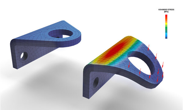 illustration 3D de modèles solides de cornière avec maillage et résultats d'analyse par éléments finis déformés après torsion