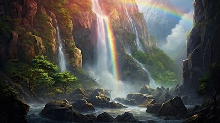 Fototapeta na wymiar a painting of a waterfall with a rainbow in the sky. generative ai