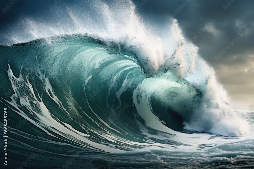 Poster A powerful and dramatic scene capturing a large wave crashing into the ocean on a cloudy day.