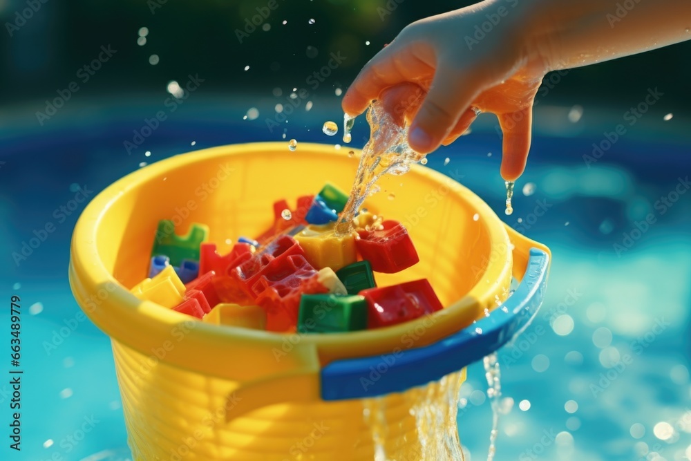 Poster a child's hand is pouring water into a yellow bucket filled . this versatile image can be used to de