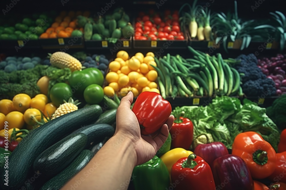 Poster a person holding a vibrant red pepper in front of a display of fresh vegetables.