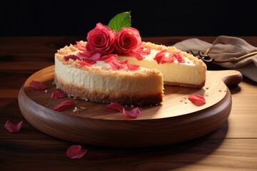 Obraz na płótnie Canvas A delicious piece of cheesecake with beautiful roses placed on a wooden plate. Perfect for food and dessert lovers. Can be used for menus, recipe books, or food-related blogs.
