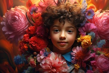 A little girl with a bunch of flowers in her hair. Suitable for children's fashion, springtime themes, and garden-related designs.