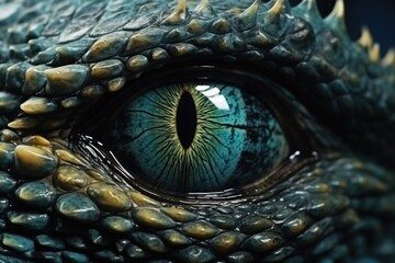 Fototapeta premium A close-up view of a dragon's eye, showcasing its intricate details and vibrant colors. This image can be used to add a touch of mystique and fantasy to various projects.
