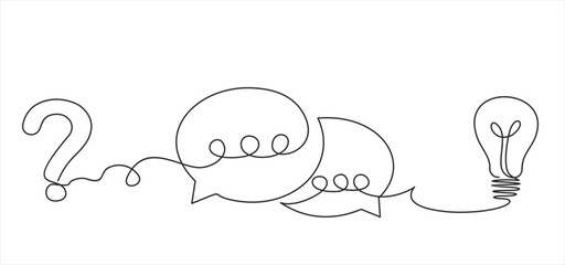 Quick tips. Continuous one line drawing of question mark, light bulb and speech bubbles. Trendy line art vector on a white background. Vector illustration.