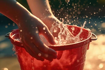 Foto op Plexiglas A person holding a red bucket filled with water. This versatile image can be used to depict various concepts such as cleaning, gardening, household chores, or water conservation. © Fotograf
