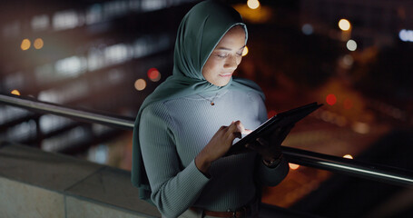 Balcony, tablet and night woman reading social network feedback, customer experience or e commerce....