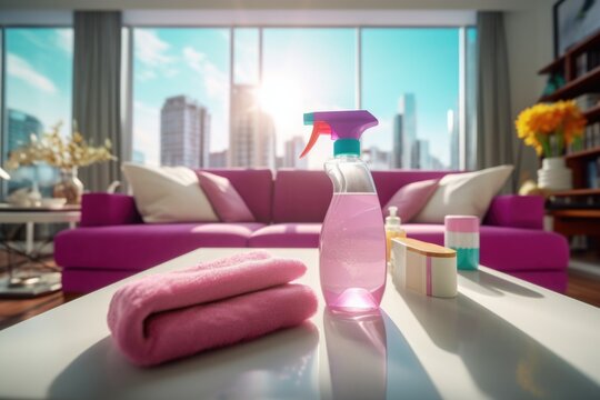 A cozy living room featuring a pink couch and a bottle of cleaner. This image is perfect for showcasing a stylish and clean living space.