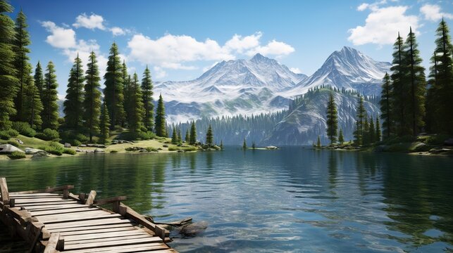  a painting of a mountain lake with a dock in the foreground.  generative ai