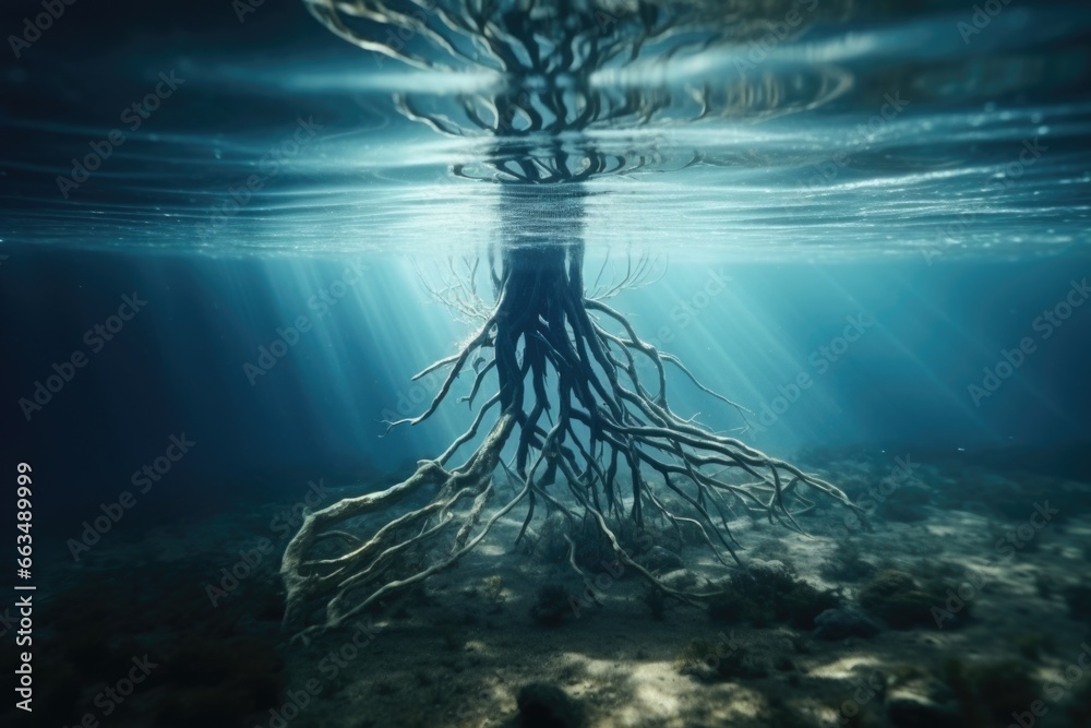 Poster a picture of a tree that is growing out of the water. suitable for nature-themed projects and design