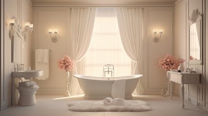 Fototapeta na wymiar a bathroom with a tub, sink, toilet and a window. generative ai