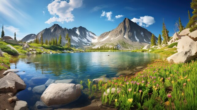  a painting of a mountain lake surrounded by rocks and flowers.  generative ai