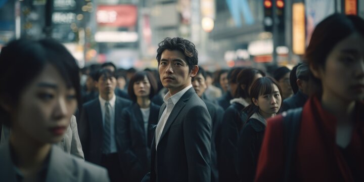 Captivating image capturing a lone man amid a bustling Japanese crowd, encapsulating urban solitude.