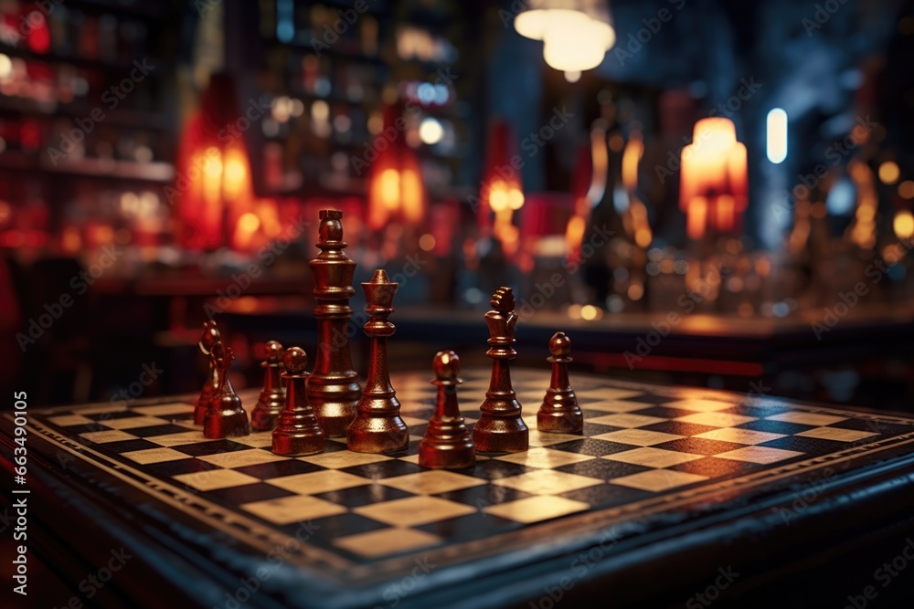 Poster a photograph of a chess board with chess pieces. this image can be used to illustrate strategic thin