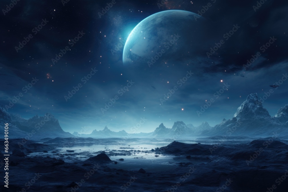 Poster an otherworldly landscape featuring a planet in the distance. perfect for sci-fi or fantasy themed p