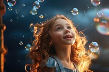 A joyful little girl playing with soap bubbles.