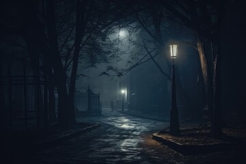 A dark street illuminated by a single street light. This picture can be used to depict urban landscapes, city nightlife, or the feeling of walking alone at night.